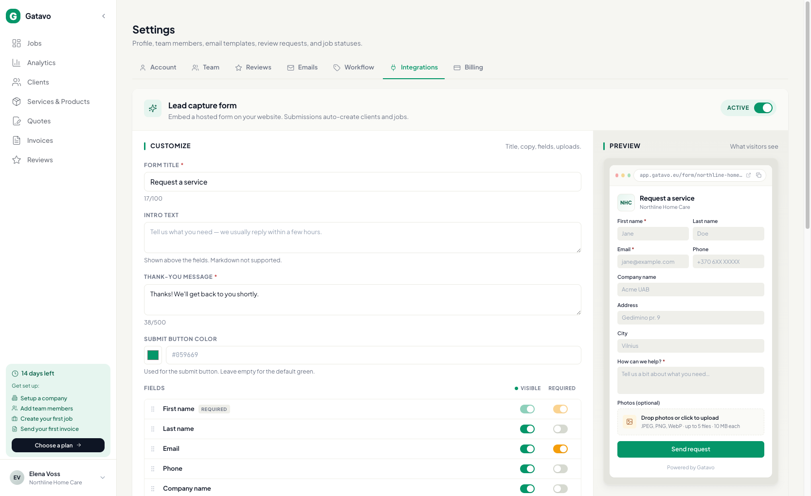 Settings → Integrations — Lead capture form — Gatavo help screenshot