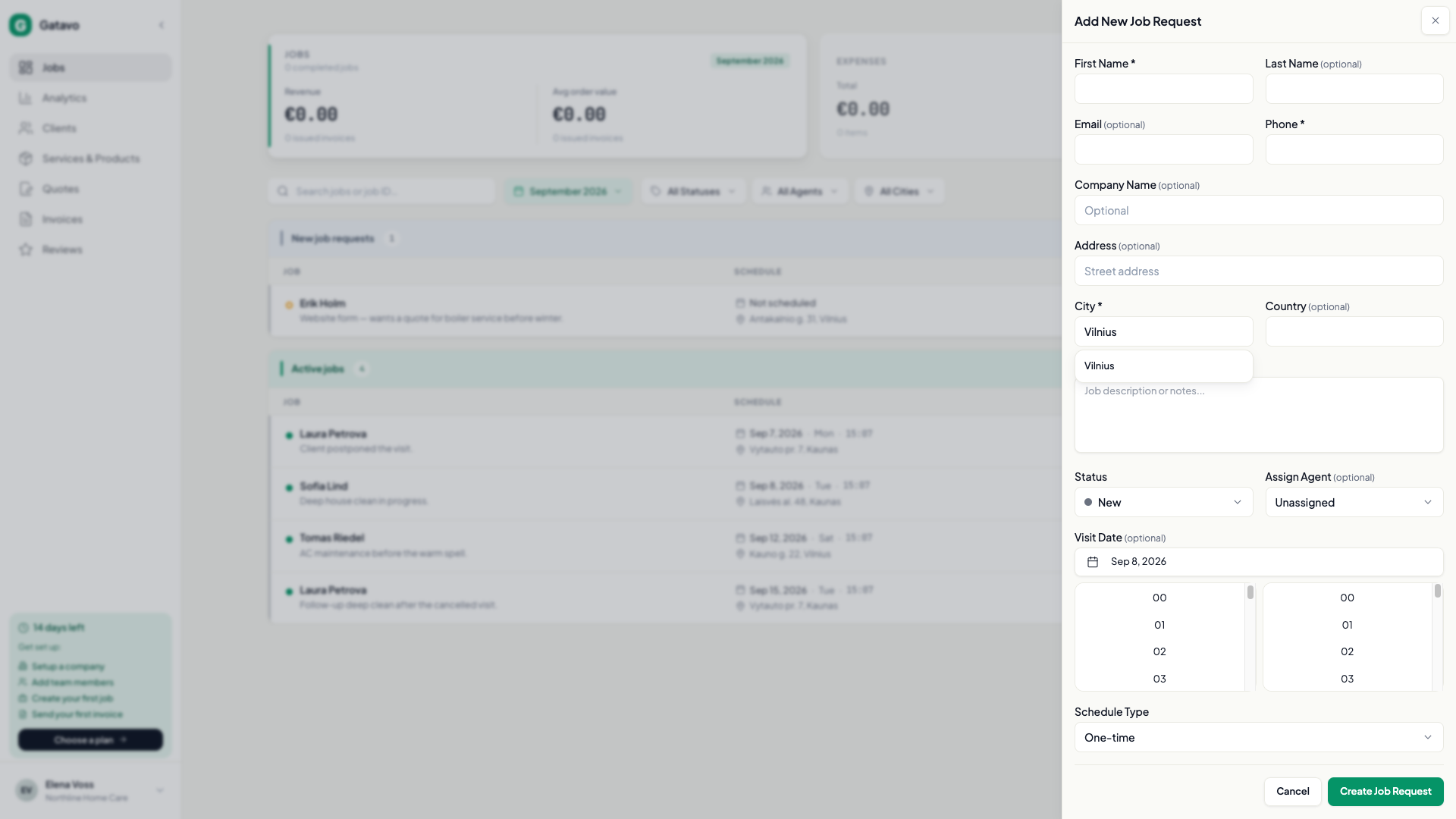 Add Job Request — City suggestions — Gatavo help screenshot