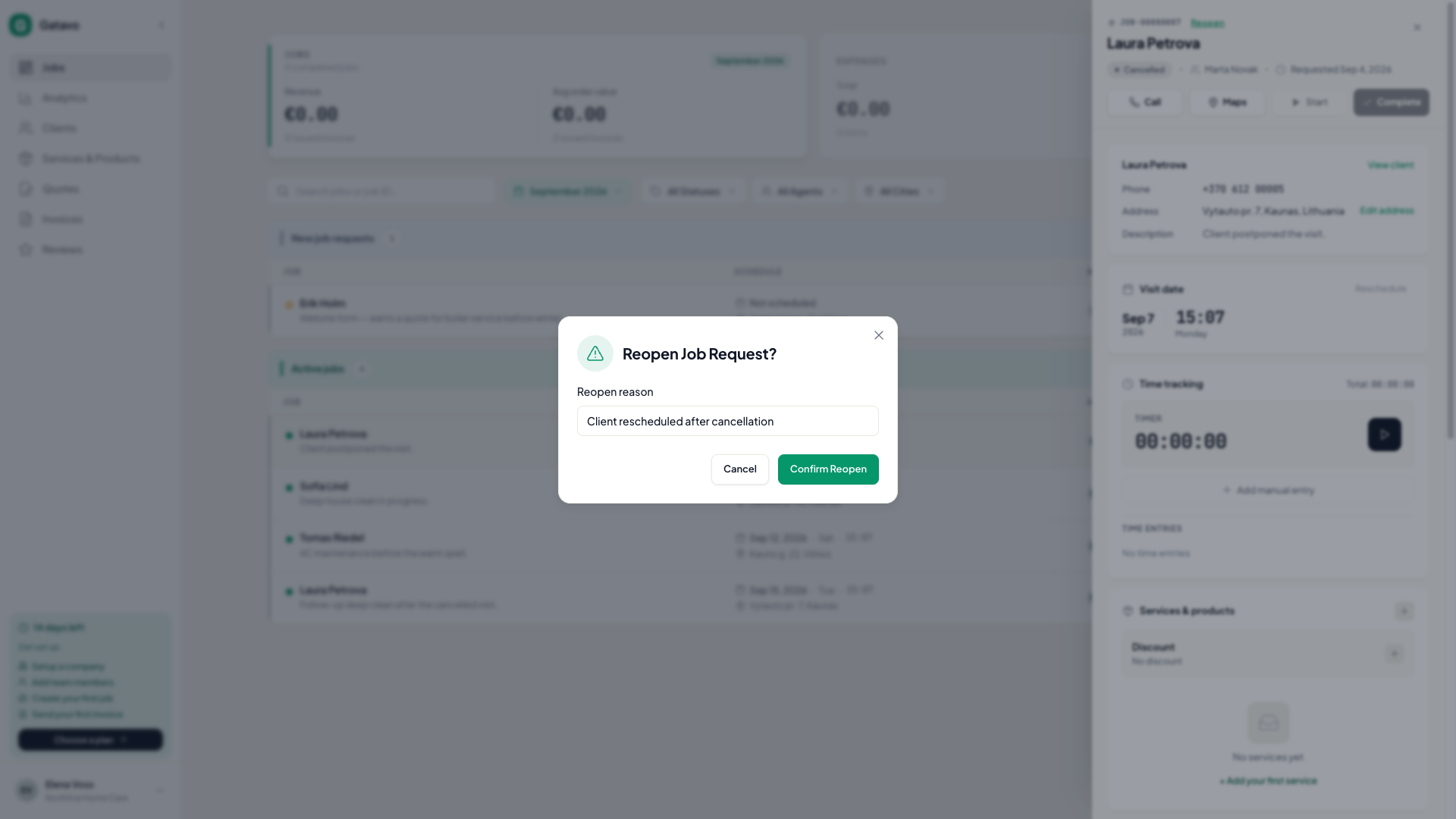 Reopen Job Request dialog — Gatavo help screenshot
