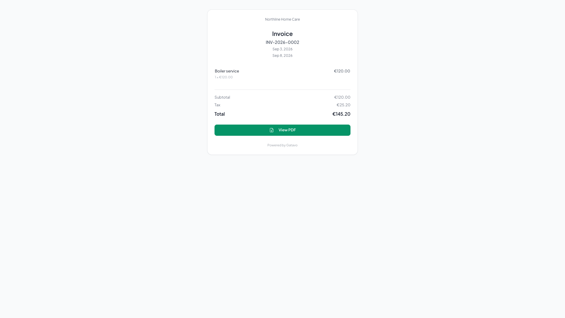 Hosted invoice page the client opens — Gatavo help screenshot